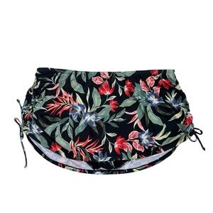 Cacique Swim Black Tropical Print Skirted Bikini Bottom Size 22 Drawstring Beach